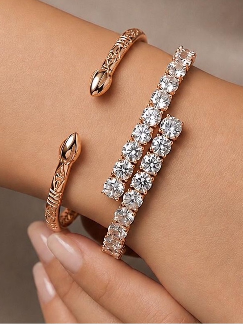 18k Gold Plated Tennis Bracelet Snake Cuff Bangle Set Water Resistant Adjustable